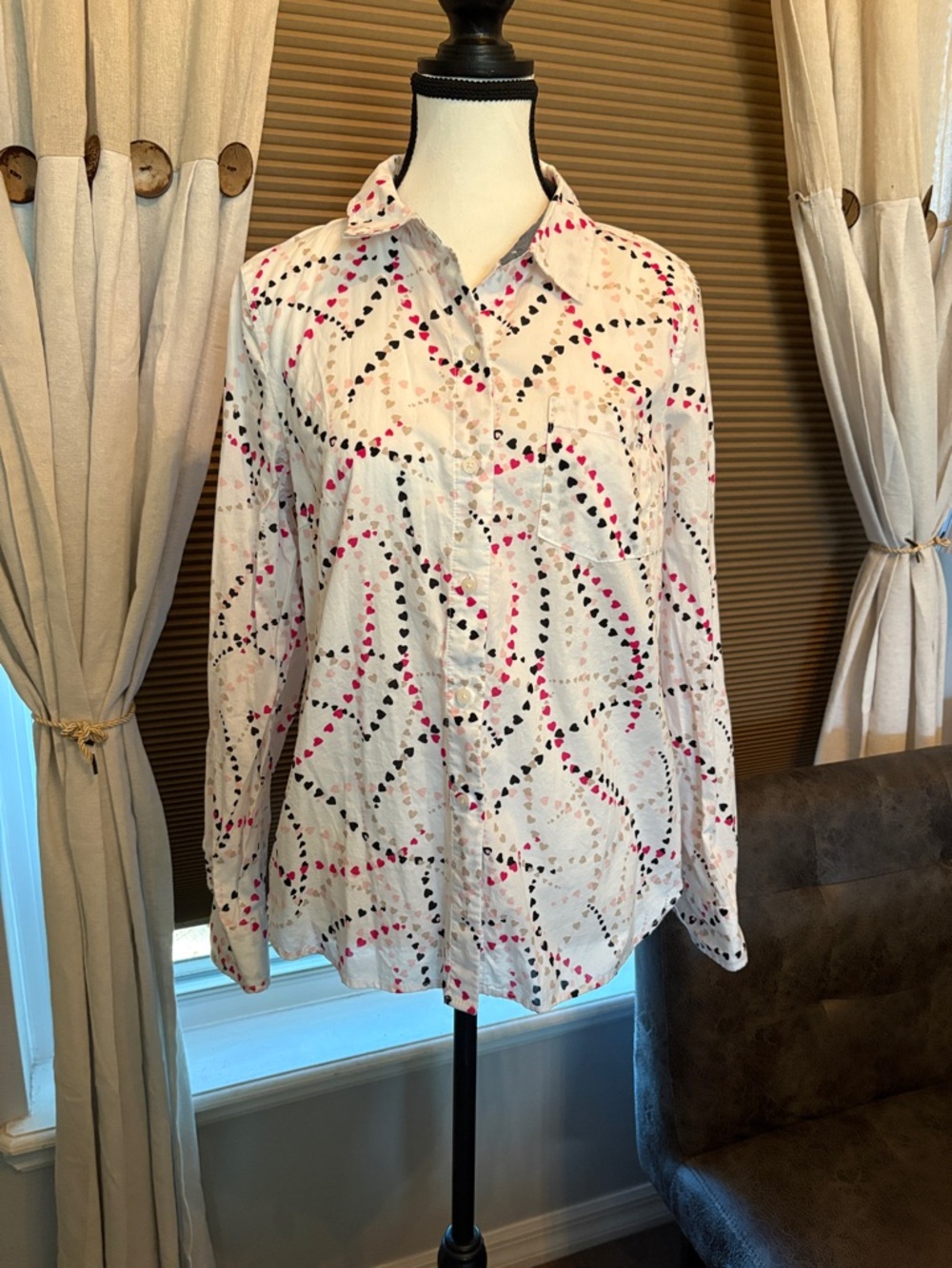 Tommy Hilfiger White Button-Down Shirt with Pink & Black Heart Pattern